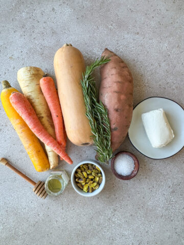Ingredients for roasted winter vegetables with goat cheese