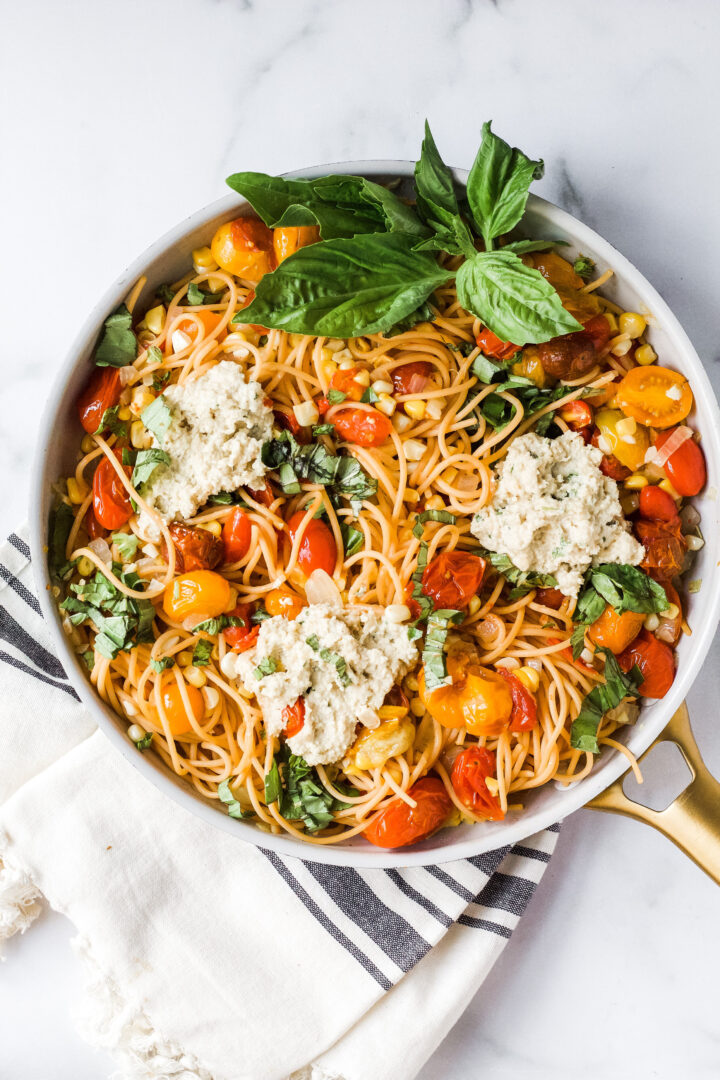 Summer pasta, vegan roasted tomato pasta with cashew ricotta