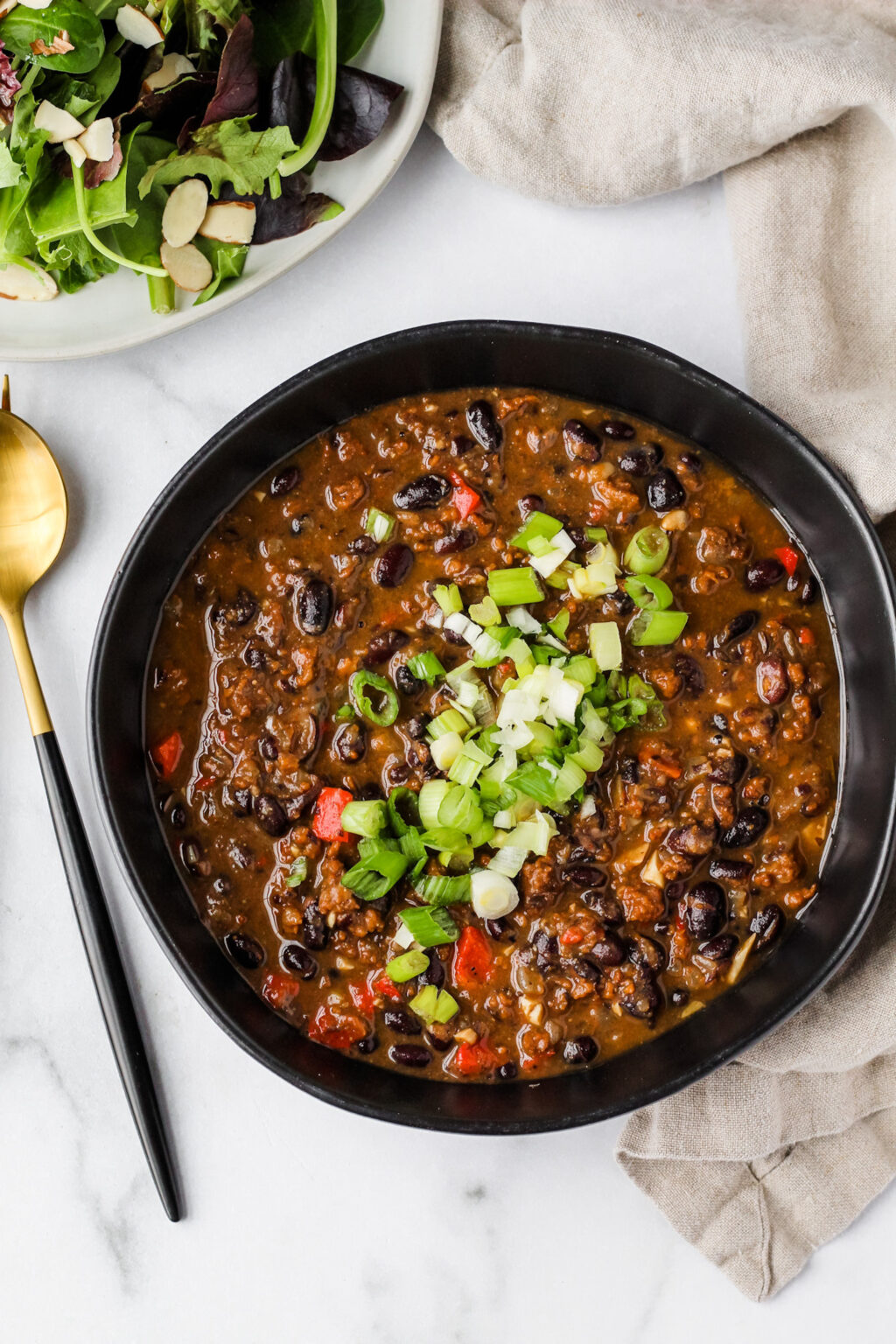 Hearty and delicious vegan black bean and chorizo soup.