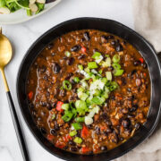 Hearty and delicious vegan black bean and chorizo soup.