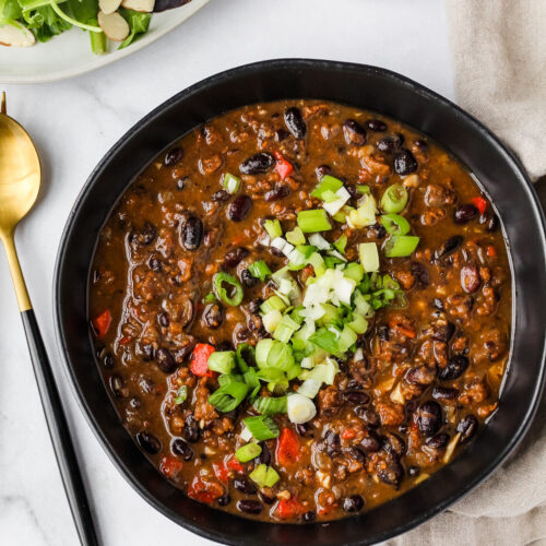 Hearty and delicious vegan black bean and chorizo soup.