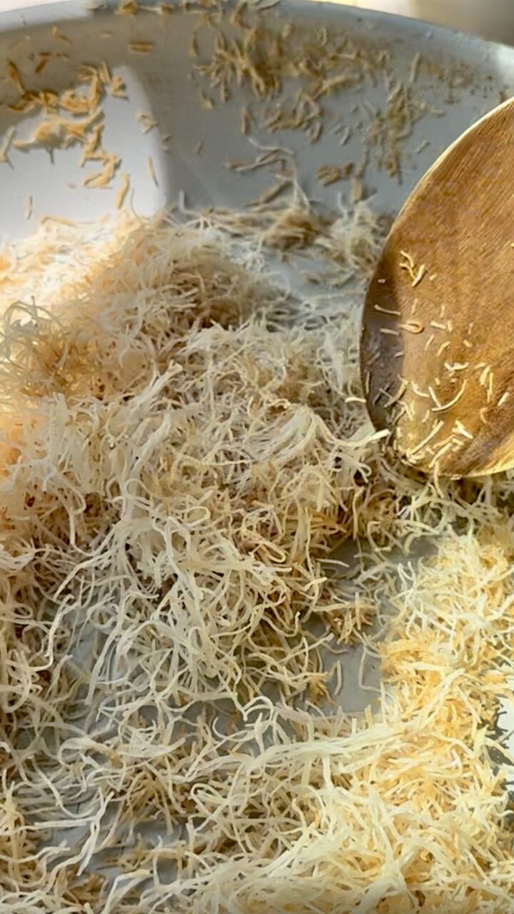 Golden brown kataifi for chocolate bark. 