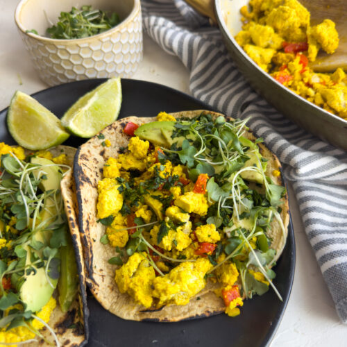 high protein tofu scramble recipe made into a breakfast taco