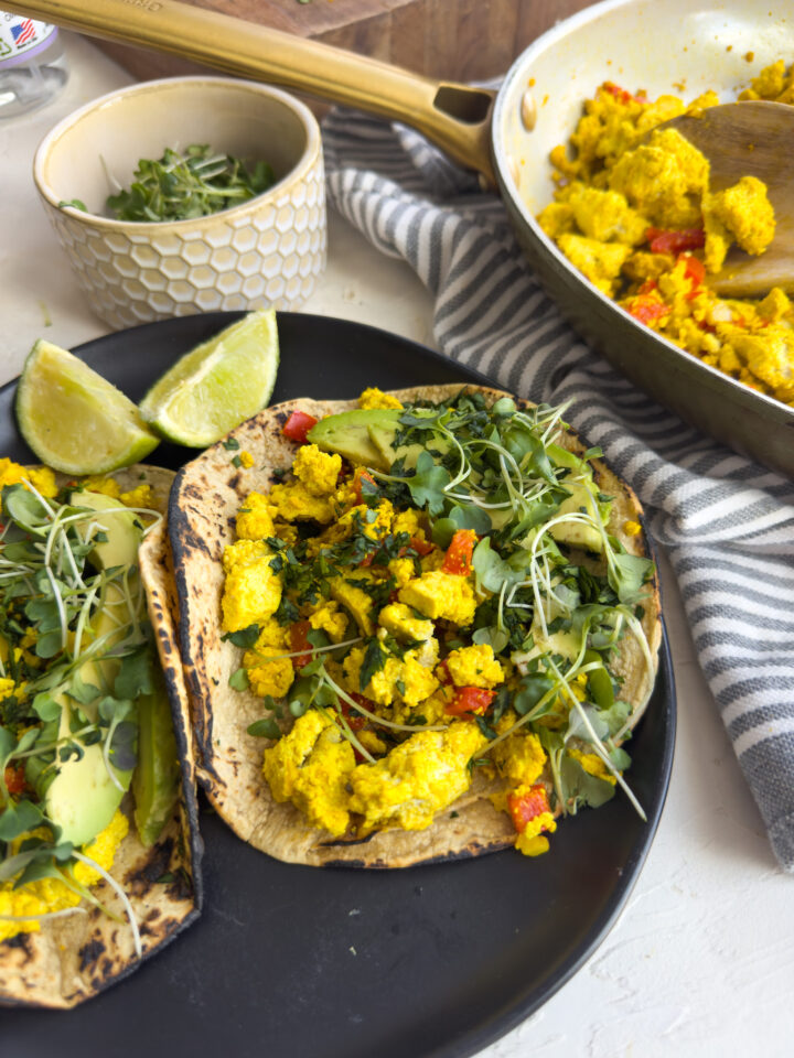 high protein tofu scramble recipe made into a breakfast taco