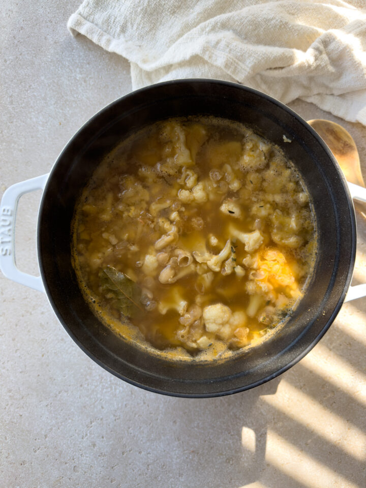 Cauliflower white bean soup after boiling and simmering