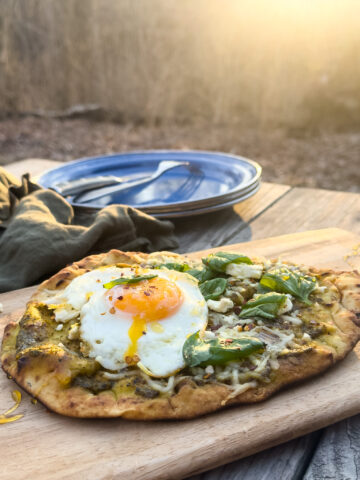 naan breakfast pizza at sunrise