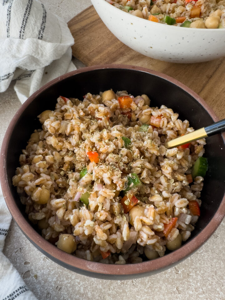 Bowl of Mediterranean farro with chickpeas