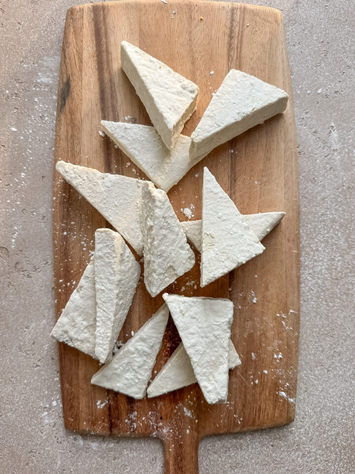 Tofu coated in starch before frying