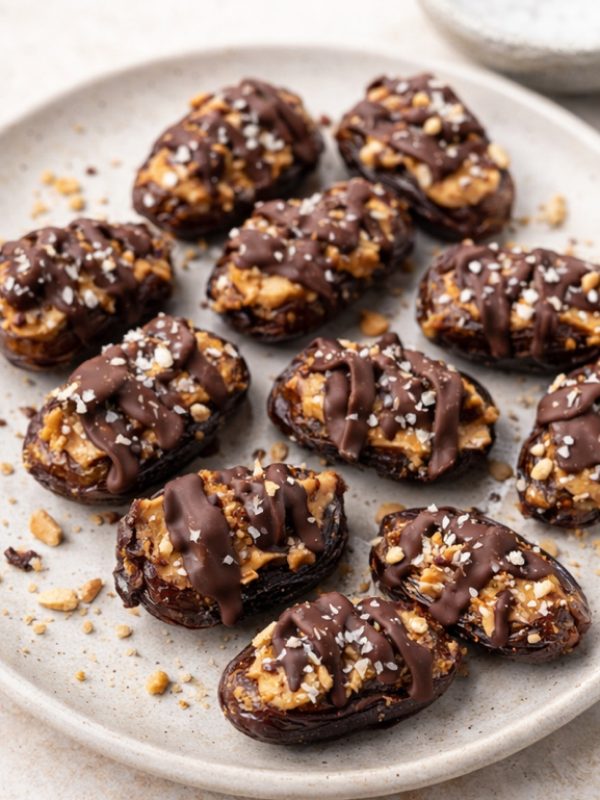 Snickers Dates, healthy date bites on a plate. They have all been sprinkled with crushed nuts and flaky salt