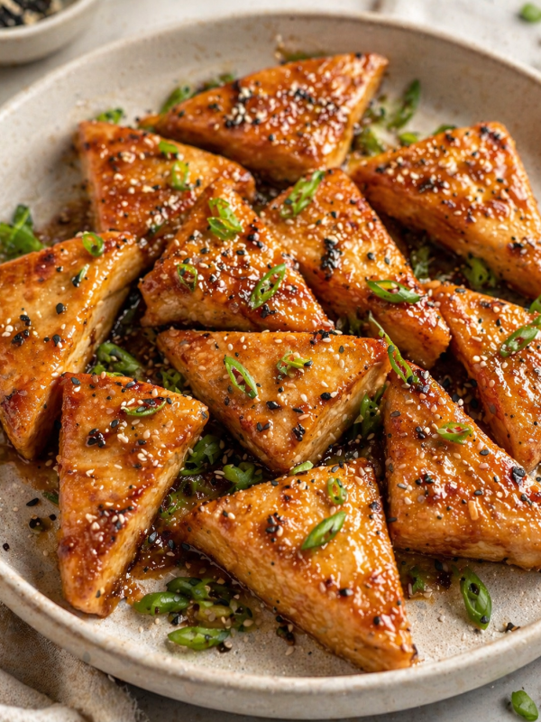 close up view of sticky tofu on a plate with green onions scattered across it